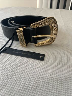 B-Low the Belt Black Leather Belt with Engraved Gold Buckle one size